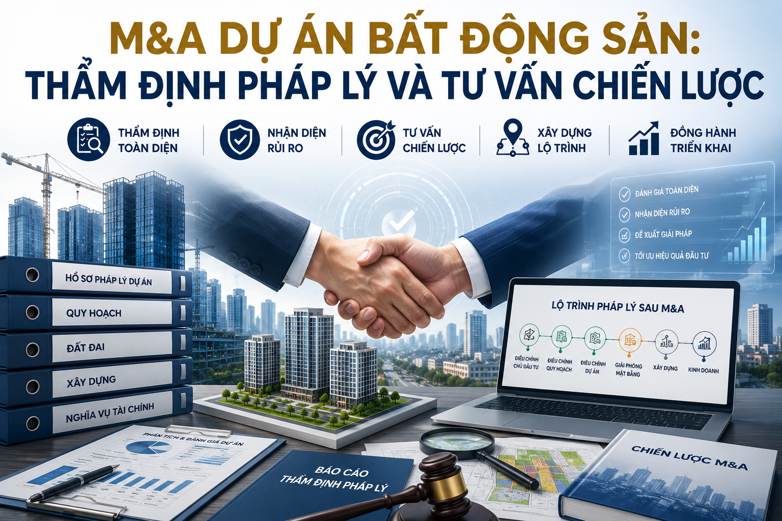M&A dự án bất động sản: Thẩm định pháp lý và tư vấn chiến lược trước khi đầu tư. Đánh giá rủi ro, lộ trình pháp lý và phương án M&A phù hợp.